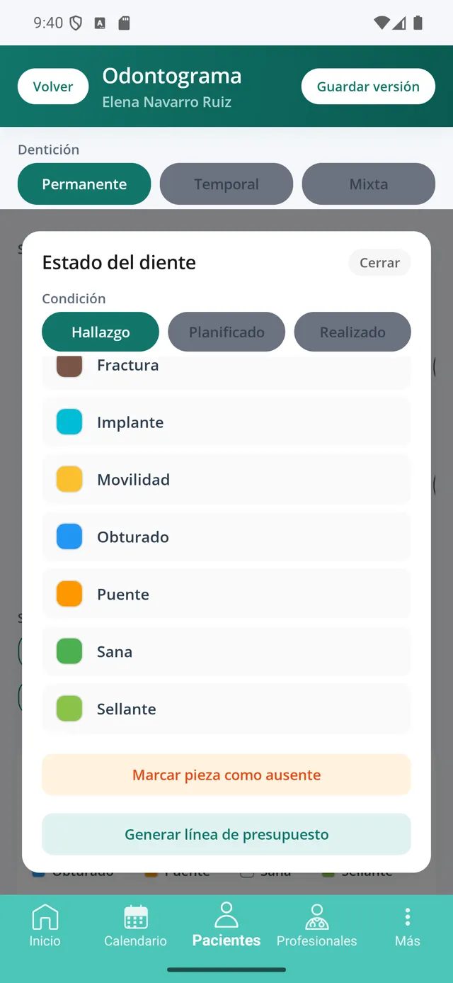 Folha de estado do dente com o botão Gerar linha de orçamento