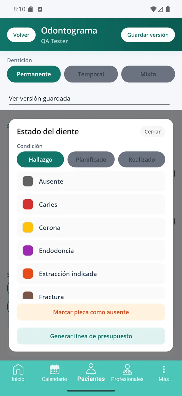 Hoja de estado del diente con el botón Generar línea de presupuesto