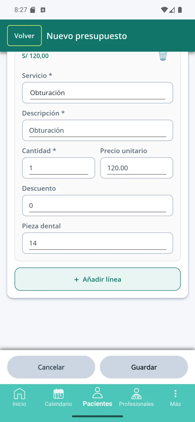 Línea de presupuesto con el servicio, el precio y la pieza dental ya rellenados