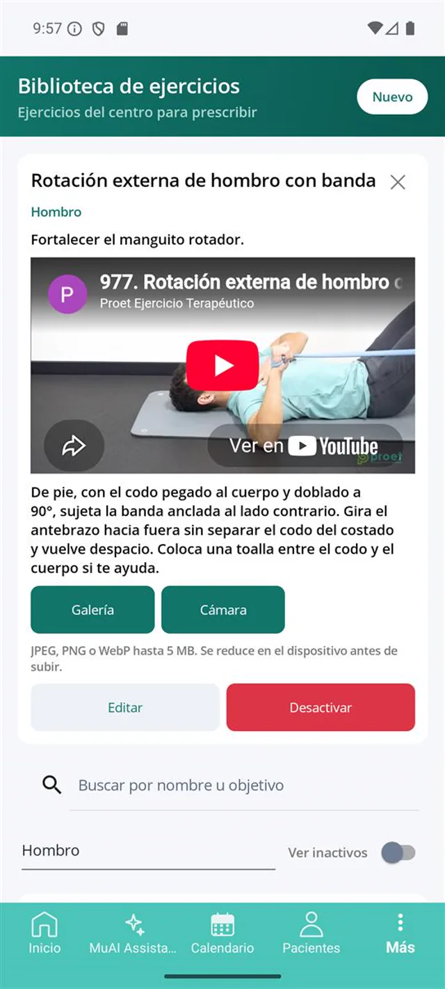 Detalle de un ejercicio con el video de YouTube embebido