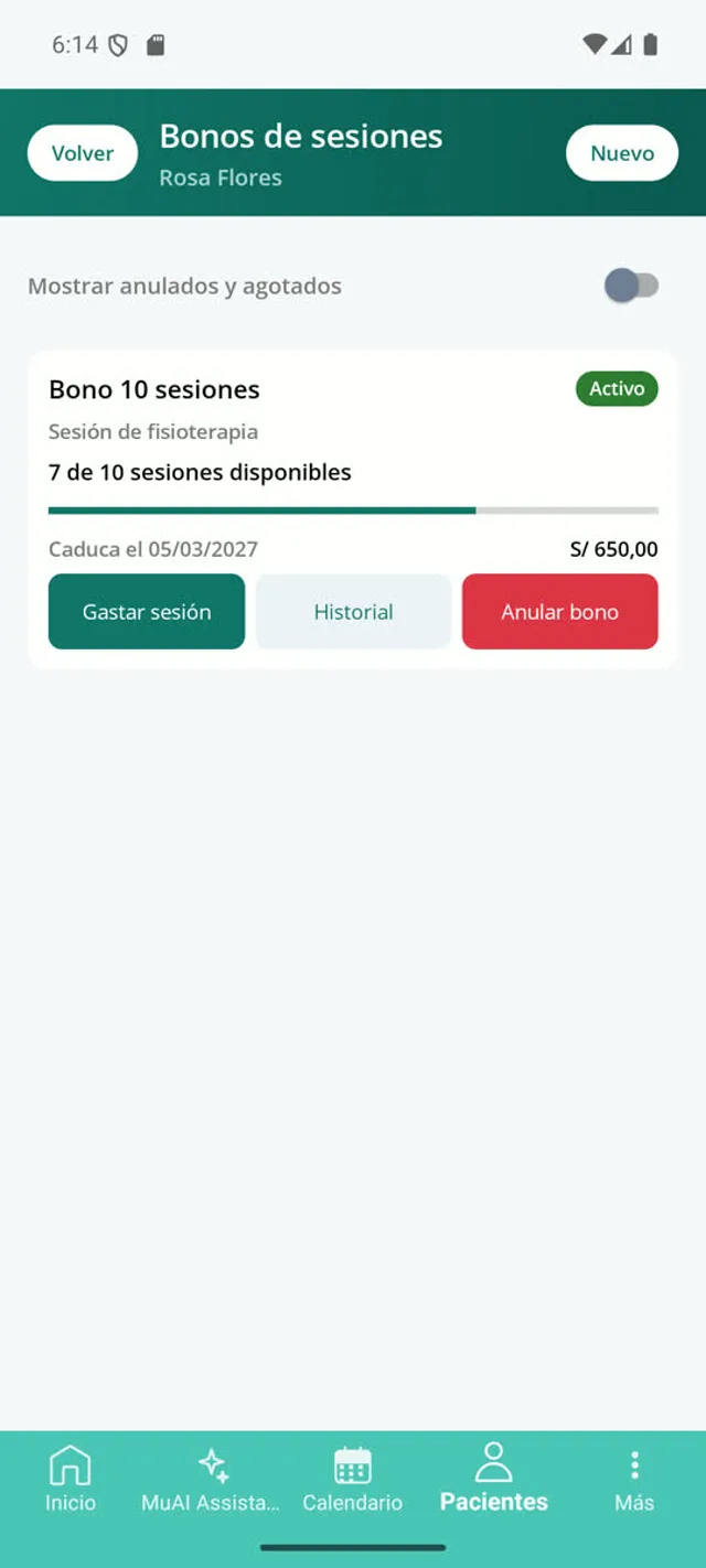 Bonos del paciente en la aplicación, con las sesiones consumidas y las restantes