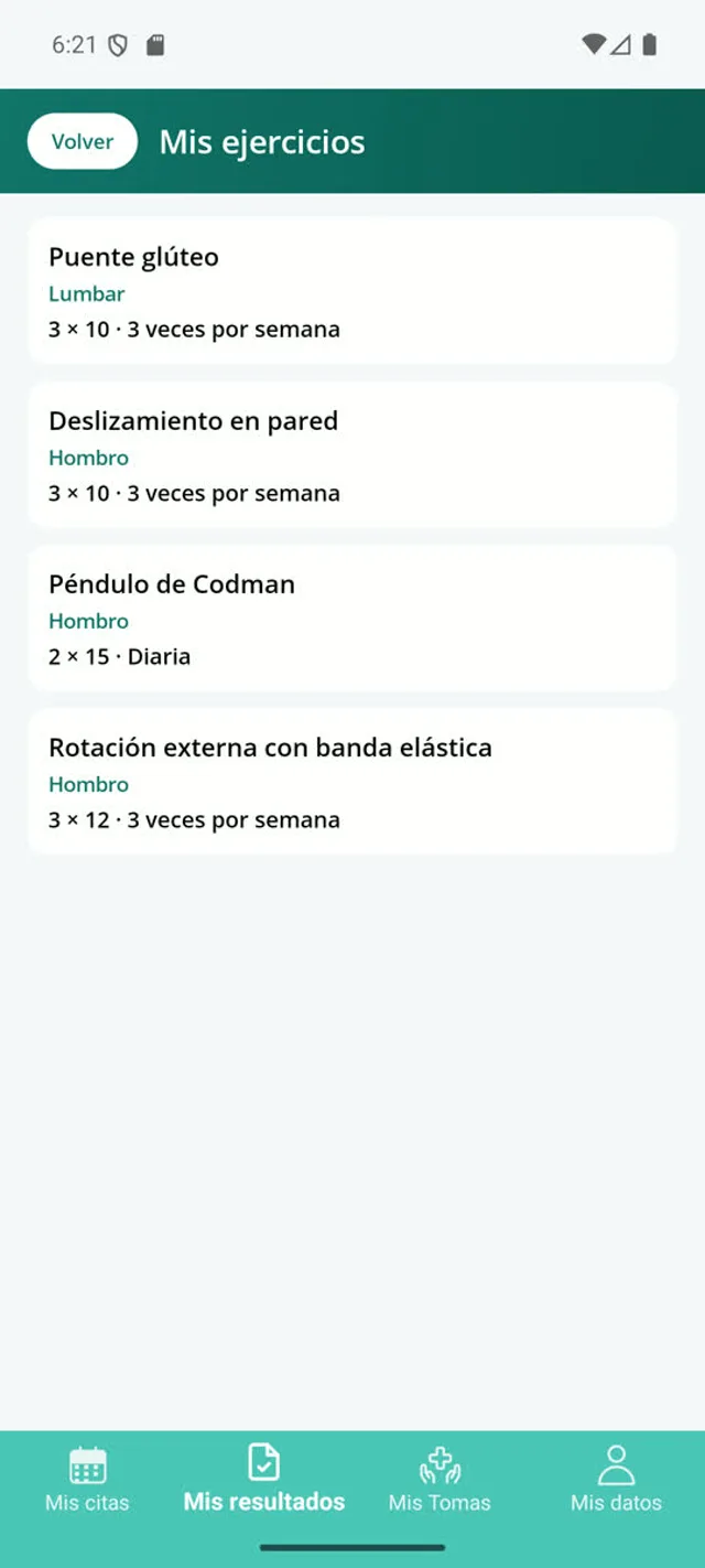 Ejercicios prescritos al paciente con series, repeticiones y frecuencia