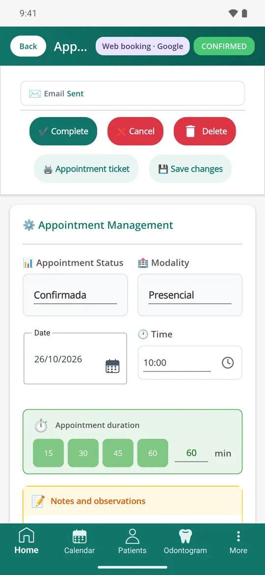 Each appointment shows where it came from: web booking · Google